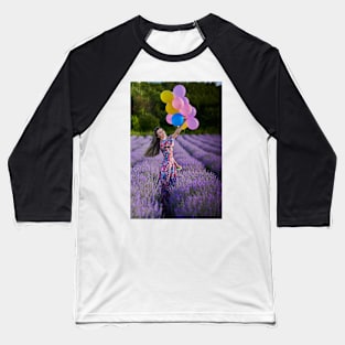 Woman with balloons in a lavender field Baseball T-Shirt